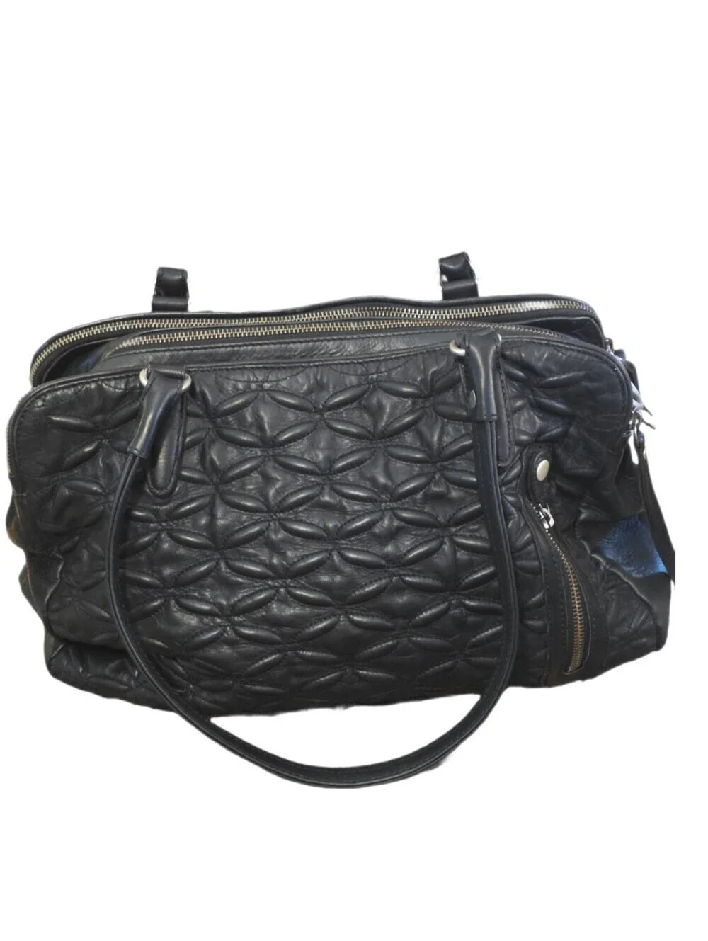 BLACK QUILTED Floral Genuine LEATHER Oversized Satchel/Crossbody SLOUCHY EUC